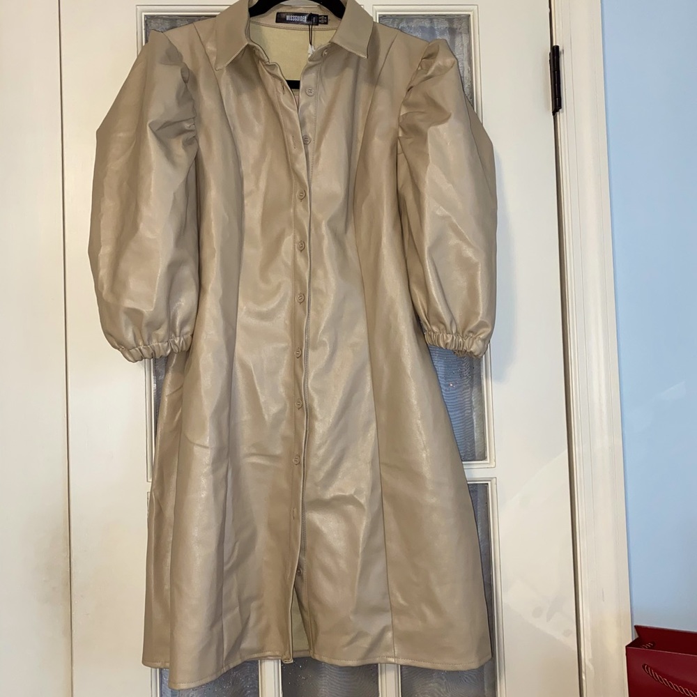 Leather tan button down dress